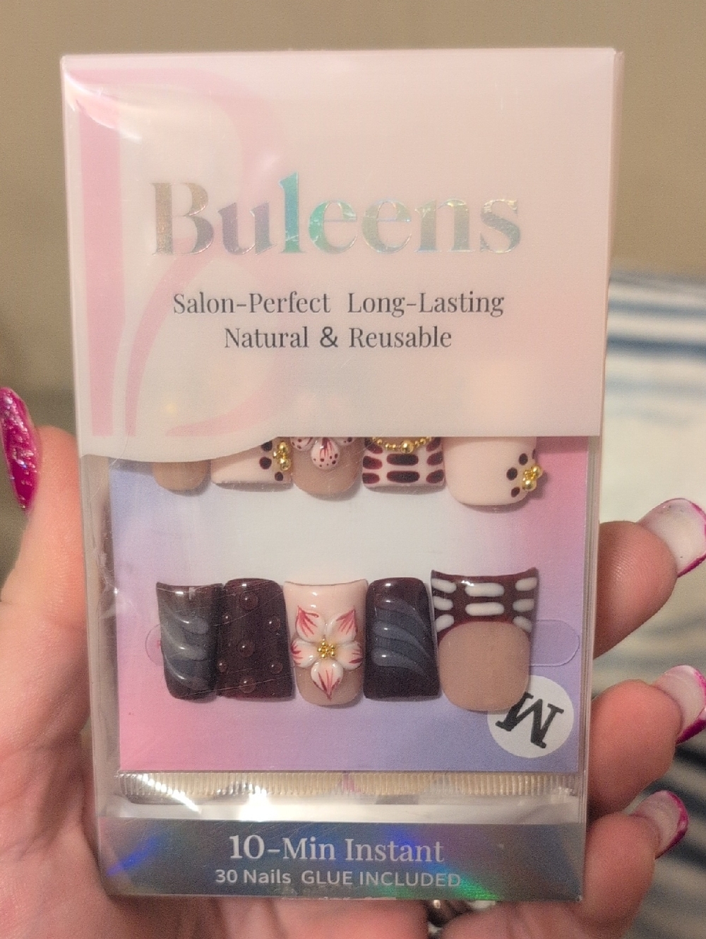 Floral & Marble Press-On Nail Set — Pink and Brown